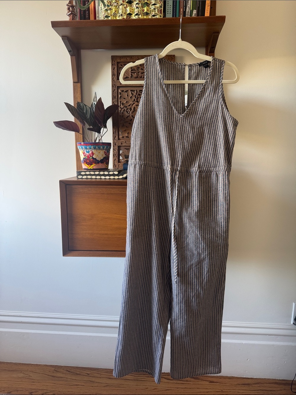 DREW Gray and Beige Striped Sleeveless V-Neck Jumpsuit